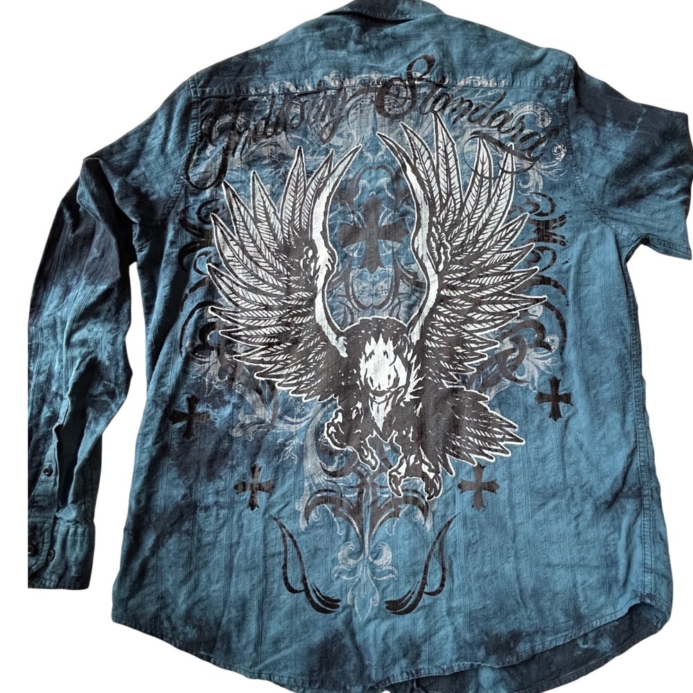 Y2K Eagle Graphic Button Up XL Blue Distressed Grunge Ed Hardy Style Shirt